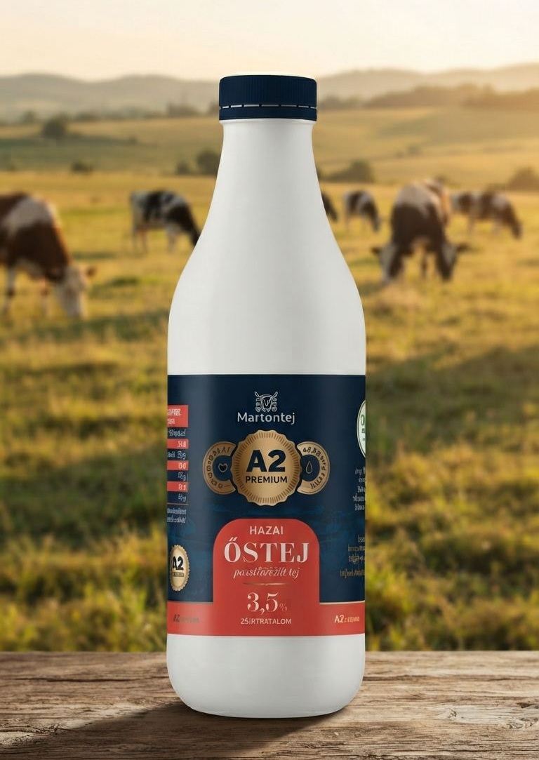 Martontej A2 Prémium Őstej üveg, háttérben legelésző tehenekkel a saját gazdaságban